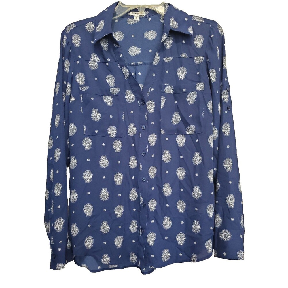 Express Blue Geo Print Roll-Tab Sleeve Button-Up Shirt Size Medium